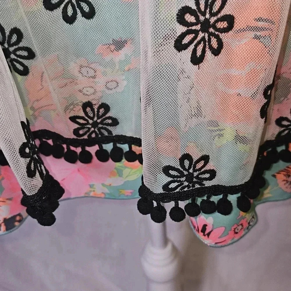 Uncle Frank Neon Floral Whimsygoth Mesh Embroidered Overlay Flirty Mini Dress XS - Picture 9 of 15